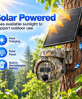 Heavy Duty Camouflage Solar Security Camera Outdoor 6Mp 12X Zoom Foolproof PIR Detection Color Night Vision Two Way Audio Ip66 Waterproof Badass Perimeter Surveillance Rig mounted on a tree with solar panel for charging.