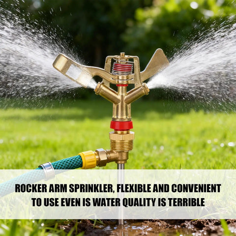 Heavy Duty Impact Sprinkler Set 2 Pack For Lawn And Garden Irrigation No Fuss Three Quarter Inch Male Thread Sprinkler Heads 25mm With Far Reach Coverage Easy Install For Farm Yard And Agricultural Use shown in action with water spraying on grass.