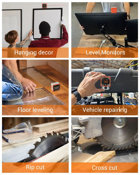 Sleek Digital Angle Finder And Protractor With Magnetic Dual Laser Level Portable Pocket Design For Dead On Accuracy And Auto Inversion High Performance Craft Tool used in various tasks including hanging decor and floor leveling.