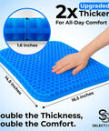 Double Thick Gel Seat Cushion For All Day Comfort And Pressure Relief For Back Sciatica Coccyx And Tailbone Pain shown with dimensions and hand touch