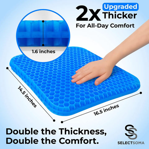 Double Thick Gel Seat Cushion For All Day Comfort And Pressure Relief For Back Sciatica Coccyx And Tailbone Pain shown with dimensions and hand touch