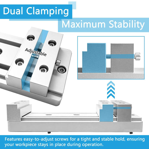 Compact Low Profile Bench Vise Work Table Clamp For Desktop CNC Routers with dual clamping, adjustable screws, aluminum base.