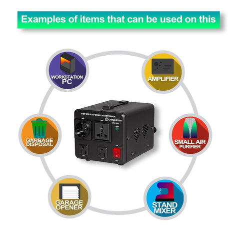 Step Up And Step Down Voltage Converter Transformer From 110 to 220V Up To 220 to 240V Heavy Duty 1000W with usage examples.