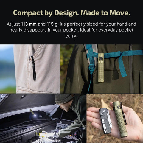Tiny But Mighty Pocket Light Baton Ultra EDC Flashlight 1800 Lumen Rechargeable shown in use and pocketed
