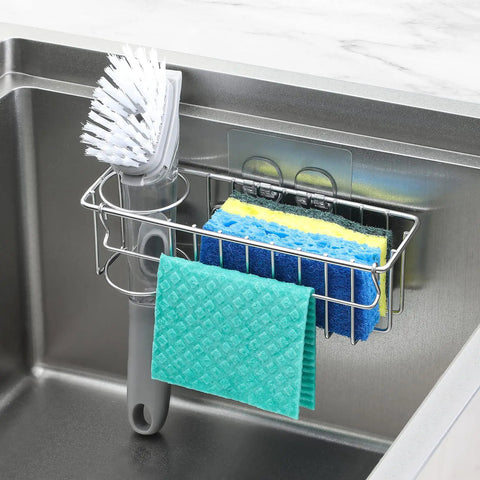 Heavy Duty 304 Stainless Steel 3 In 1 Kitchen Sink Sponge Caddy With Grip Tight Suction And Quick Peel Stick Mounts For Sponges Brushes And Cleaning Supplies Zero Drilling Required