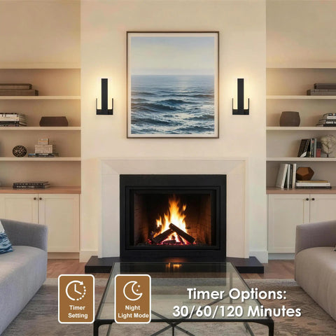Living room with Rechargeable Wireless Wall Sconces Two Pack With Remote, Battery Operated Modern Wall Lights beside fireplace.