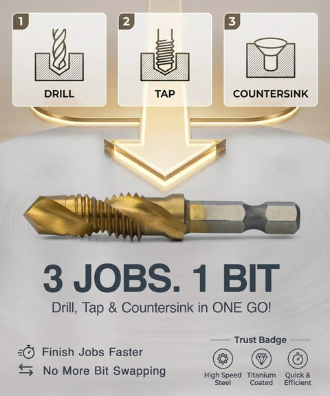 All-In-One Drill Tap Bit Set 6-Piece HSS Titanium-Coated SAE 3-In-1 Bits For Drilling Tapping And Countersinking, 1/4 Inch Hex Shank