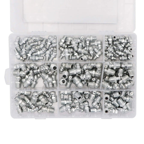Metric Hydraulic Zerk Grease Fitting Assortment Kit 160 Piece With M6 M8 M10 Straight 45 Degree 90 Degree Angled Fittings Zinc Plated