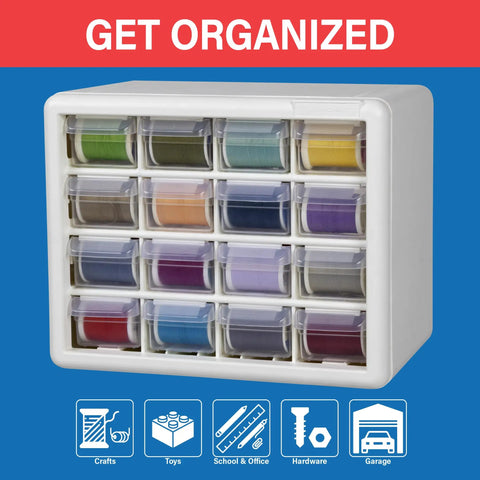 Heavy Duty 16 Drawer Plastic Storage Cabinet For Garage And Craft Organization Durable High Impact Organizer with colorful spools
