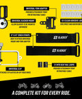 MTB Suspension Tuning Kit With Digital Sag Tool featuring universal adapters, straps, clips for axle measurement and sag setup.