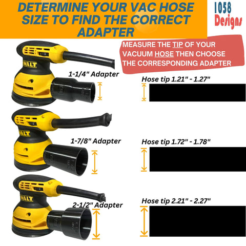 Image showing three types of sander vacuum adapters with size and hose tip measurements for Universal Sander Vacuum Adapter 1-1/4 Inch Hose for Dust Collection.