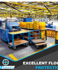 Industrial warehouse with stacked yellow bins, blue equipment, and trolleys on smooth floors