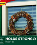 Clear Large Hook Set Of Four For Damage Free Hanging Includes Eight Large Strips Each Hook Holds Up To Four Pounds No Tools Required Easy Wall Door Cabinet And Closet Mounting With No Holes Marks Or Sticky Residue holding a wreath on a window