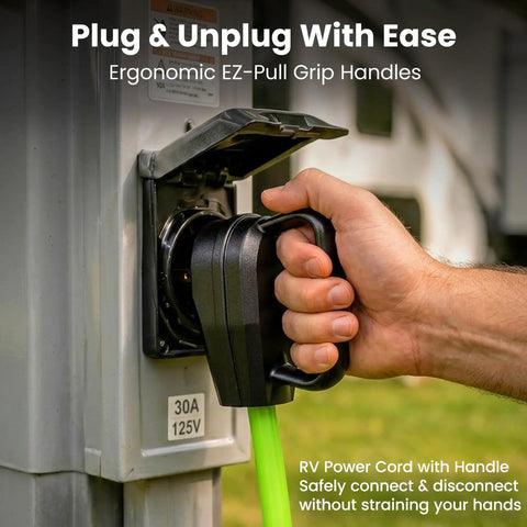 30 Amp RV Power Cord 100 Ft Heavy Duty Waterproof TT-30P To TT-30R Extension Cable For Campers And Travel Trailers Reaches Any Pedestal At Campgrounds No Adapters Needed, green plug handle at 30A pedestal