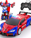 One Button Transform RC Car That Switches To Rad Robotic Mode Two Point Four Ghz Remote 360 Degree Spin And Drift Police Car With Lights One Eighteen Scale Transform Toy For Boys And Girls Ages Six To Twelve, shown in car and robot form with remote control