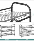 Close-up of Sturdy 3 Tier Shoe Organizer Rack For Closet And Entryway, Holds Up To 12 Pairs featuring adjustable tilt angle, black metal frame.