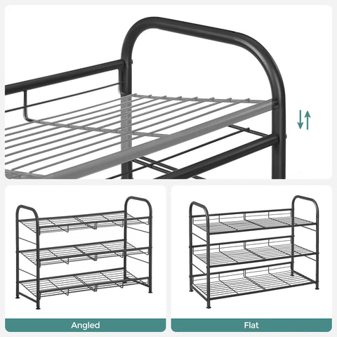 Close-up of Sturdy 3 Tier Shoe Organizer Rack For Closet And Entryway, Holds Up To 12 Pairs featuring adjustable tilt angle, black metal frame.