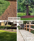 Collage of garden landscapes with mulch, tree border, flower beds, and rock path featuring 20 Ft Landscape Edging Kit With Brown 2-Inch Tall Border.