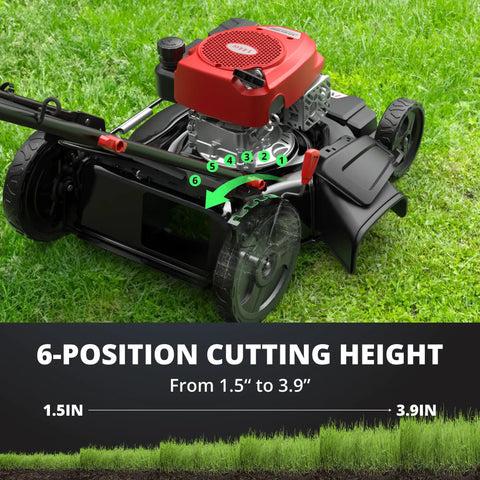 Gas Powered 21 Inch Push Lawn Mower With 144cc OHV Engine showing 6 position height adjustment on lawn