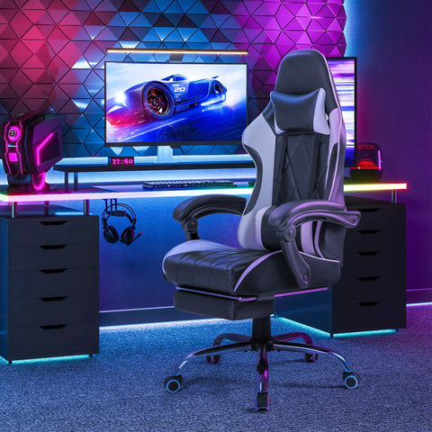 All Day Comfort Pro Grade Ergonomic High Back Gaming Chair With Footrest And Massage Lumbar Support For Long Sessions Swivel Headrest Computer Chair Built For Gaming And Work White Finish in modern gaming setup