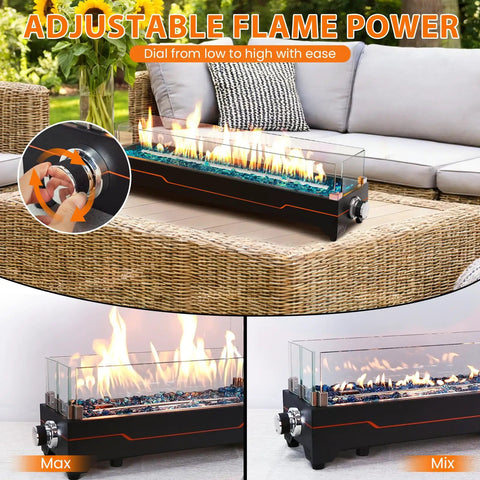 36 Inch Tabletop Propane Fire Pit With 50000 BTU Portable Gas Fireplace For Patio with adjustable flame on wicker table