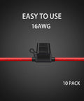 Beefy 10 Pack 16 AWG Inline Fuse Holders For 12V Systems With 10 Amp Blade Fuses, 16AWG printed on red wire, weatherproof.