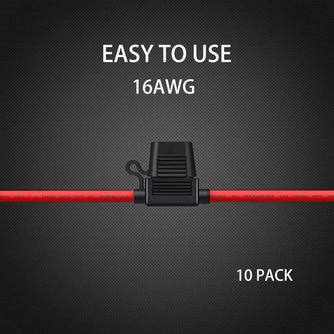 Beefy 10 Pack 16 AWG Inline Fuse Holders For 12V Systems With 10 Amp Blade Fuses, 16AWG printed on red wire, weatherproof.