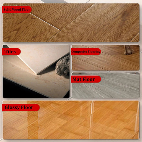 Various flooring types including solid wood, tiles, composite flooring, mat floor, and glossy floor