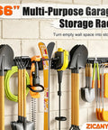 Beefy 66 Inch Garage Tool Organizer Wall Mount With 13 Adjustable Heavy-Duty Hooks, garden tools and shovels displayed on rack