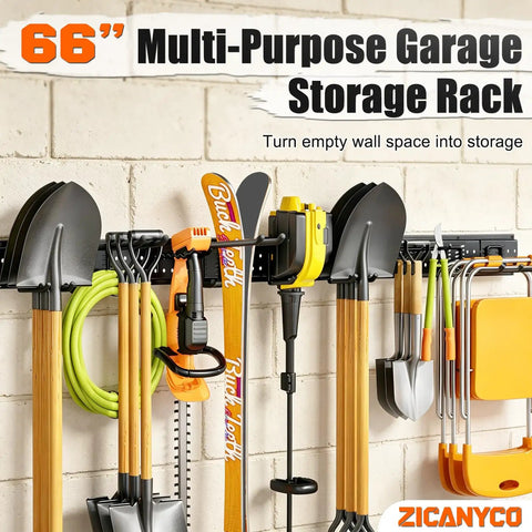 Beefy 66 Inch Garage Tool Organizer Wall Mount With 13 Adjustable Heavy-Duty Hooks, garden tools and shovels displayed on rack