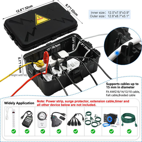 Beefy Heavy Duty Outdoor Electrical Box Waterproof IP54 Weatherproof Enclosure With Eight Cable Ports 12.5x8.5x5In Black