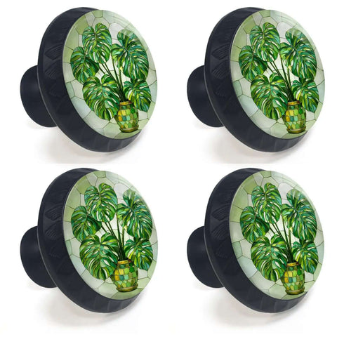 4 Pack Green Monstera Plant Cabinet Knobs for Kitchen and Bathroom, stylish drawer pulls with tropical design on wood panels