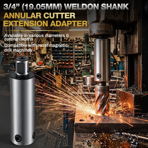 Badass 4 Inch Annular Cutter Extension with 3/4 Weldon Shank for Magnetic Drill and Drill Press Heavy Duty Steel Deep Hole Drilling Tool Comes Loaded With Hex Wrench Versatile Adapter for Pros in workshop setting