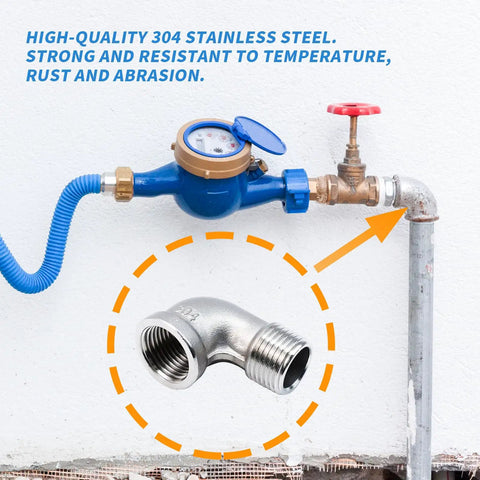Installed view of 2 Pack Stainless Steel 304 90 Degree Elbow Fittings, 3/4 NPT Threaded, showing NPT-NPT connection in plumbing setup