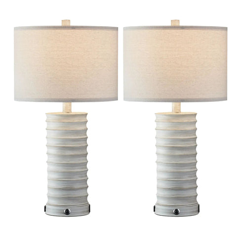 3 Way Dimmable Rustic Table Lamps Set Of 2 With Touch Control And Built In USB Port And AC Outlet White Finish For Living Room Or Bedroom Nightstand Bulbs Included No Brainer Setup