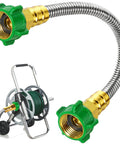 1 Ft Female To Female Garden Hose Connector Heavy Duty Metal Reel Connection Hose Stainless Steel Flexible No Leak Outdoor Water Pipe Extension Adapter For Hose Reels shown with brass and green fittings, flexible stainless steel design.