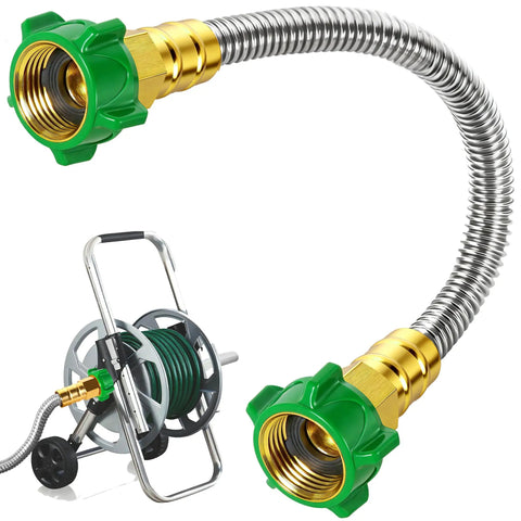 1 Ft Female To Female Garden Hose Connector Heavy Duty Metal Reel Connection Hose Stainless Steel Flexible No Leak Outdoor Water Pipe Extension Adapter For Hose Reels shown with brass and green fittings, flexible stainless steel design.