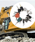 39-Piece Heavy Equipment Key Set And Construction Ignition Master Key Kit Replacement in front of a yellow excavator.