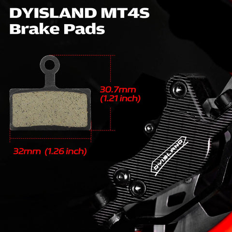 DYISLAND MT4S brake pads and caliper dimensions, 30.7mm by 32mm, shown with Hydraulic Disc Brake Kit for Mountain Bike, Black.