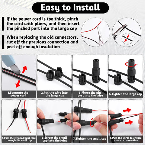 Steps to install 60 Pack Low Voltage Waterproof Landscape Light Cable Connectors 12 20 Gauge Wire Connectors for Outdoor Path Lights.