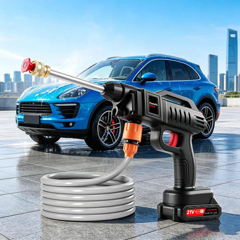No Sweat Battery Powered Cordless Car Washer With Badass Handheld Pressure Cleaner and Rich Foam Pot, lightweight spray gun with hose.