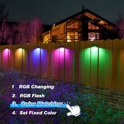 Solar Fence Lights 8 Pack IP65 Waterproof Outdoor RGB Color Lights With 10 Colors And 5 Modes illuminating garden fence.