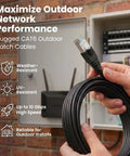 Hands holding Outdoor Cat6 Ethernet Cable 250ft 23AWG Pure Copper FTP Shielded Direct Burial in front of network setup