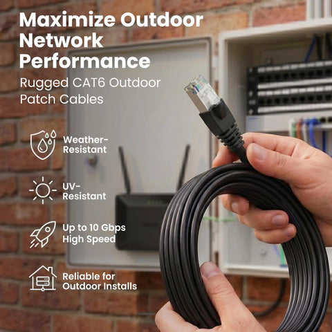 Hands holding Outdoor Cat6 Ethernet Cable 250ft 23AWG Pure Copper FTP Shielded Direct Burial in front of network setup