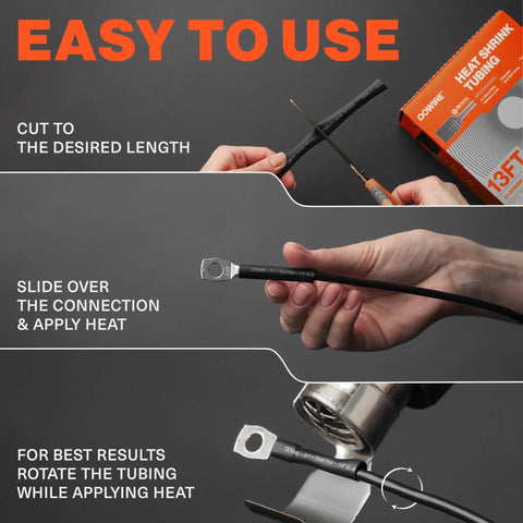 Steps on using Must-Have Heat Shrink Tubing Kit 3:1 Adhesive Lined Waterproof Marine Grade Black for effective wire sealing.