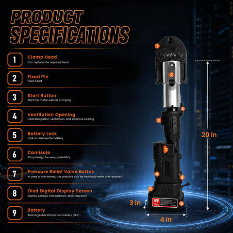 Heavy Duty 18V Electric Pipe Crimper With 60KN Force High Carbon Steel Hydraulic Press Tool showing specifications and dimensions.