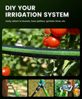 Flat Soaker Hose 100Ft For Garden Watering with Leakproof Anodized Aluminum Ends shown in use with tomatoes, faucets, attachments.
