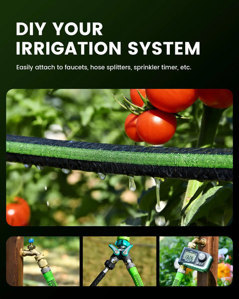 Flat Soaker Hose 100Ft For Garden Watering with Leakproof Anodized Aluminum Ends shown in use with tomatoes, faucets, attachments.