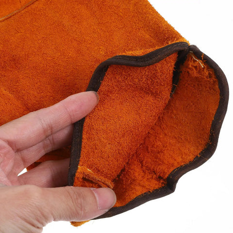 Inside view of Full Leather Short Welding Gloves For Men, Heat Resistant and Abrasion Resistant, orange leather material