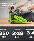 Person using a Cordless 24V Brushless Belt Sander Kit with no-cord convenience, dust bag, and 60 grit sandpaper, 3x18 inch belt.